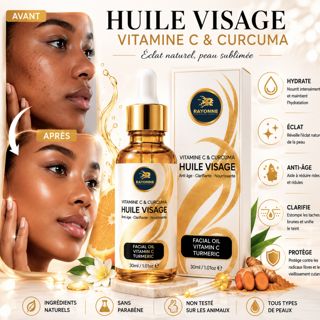 Huile Visage Vitamine C et Curcuma - Eclat et Nutrition Intense