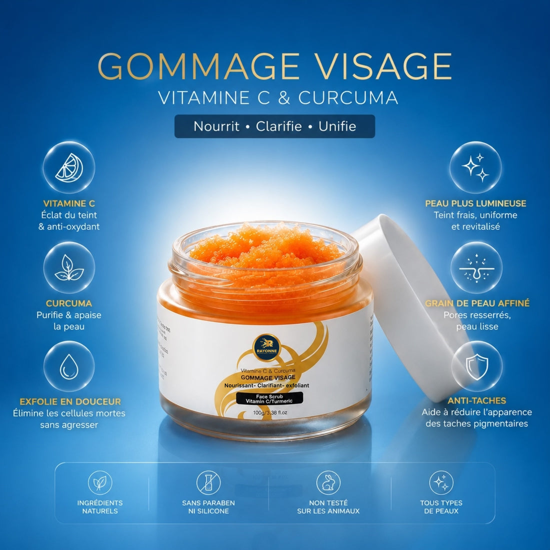 Gommage Visage Vitamine C & Curcuma - Exfoliation Douce & Éclat du Teint OFFERT